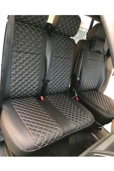 AKINCI Volkswagen Transporter 5+1 T6 T7 - Black Leather with White Embroidery...