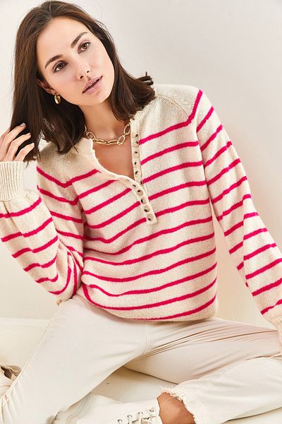 Bianco Lucci Gestreifter Strickpullover mit Rollkragen und geknöpftem Kragen für Damen