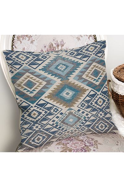 Realhomes Husă de pernă cu imprimare digitală, cu motiv geometric etnic, model aztec pe fundal albastru denim