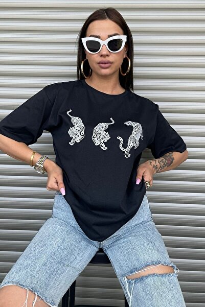 MODAGEN Ženska crna Pamučni džersej Tigar Štampano Oversize kroj T-shirt