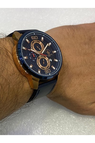 Santa Barbara Polo & Racquet Club Santa Barbara Polo Lacivert Kadran Deri Kordon Rose Gold Detaylı 45 Mm 5 Atm Erkek Kol Saati