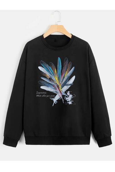 Deocept Unisex Oversize Feather Printed Sweatshirt