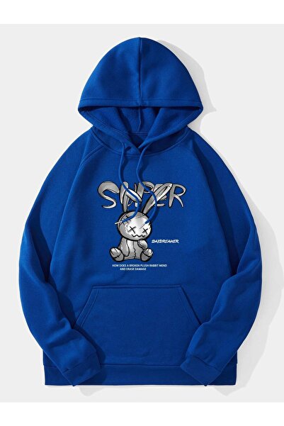 Yasolin Hanorac unisex cu glugă și imprimeu super, CULOARE ALBASTRĂ