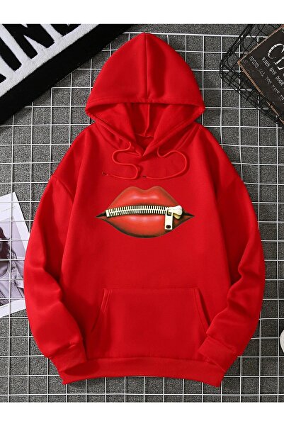 Yasolin Ženska majica sa crvenim usnama Štampano Sa kapuljačom