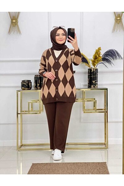 MODAMÜNASİP Υπέροχο γυναικείο σετ πλεκτό με ζακέτα και παντελόνι με διαμάντια