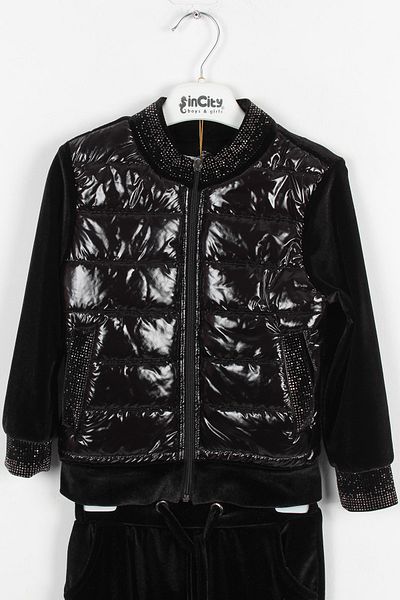incity Girl's Black Velvet Tracksuit Set