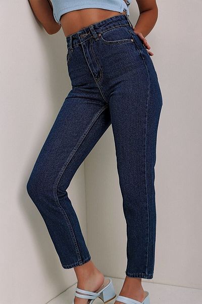 LİMABEL Evolution Albastru închis Colorfast Mom Jean Femei Iubita Talie înaltă Power Lycra