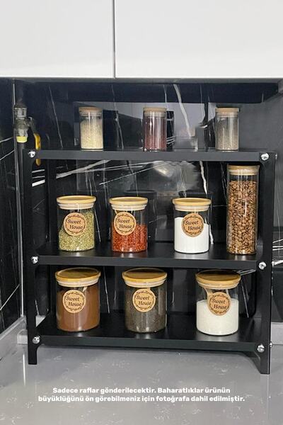 Evay Metal Metal Ahşap 3 Katlı Mutfak Rafı Tezgah Üstü Düzenleyici Siyah