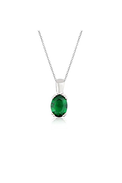 Silveranka 925 Ayar Gümüş Rodyumlu Oval Tek Taş Kolye