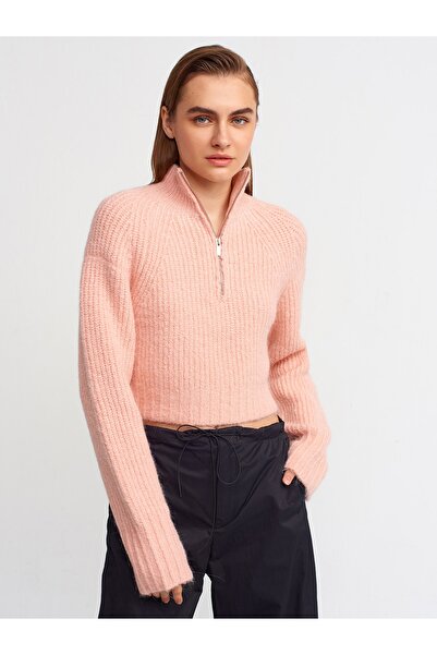 Dilvin 10258 Pulover cu fermoar pe jumătate pescar-pudră