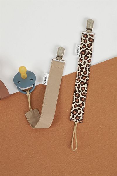 KARAMİLA Set of 2 100% Cotton Pacifier Strap - Pacifier Chain - Pacifier Holder Leopard and Mink