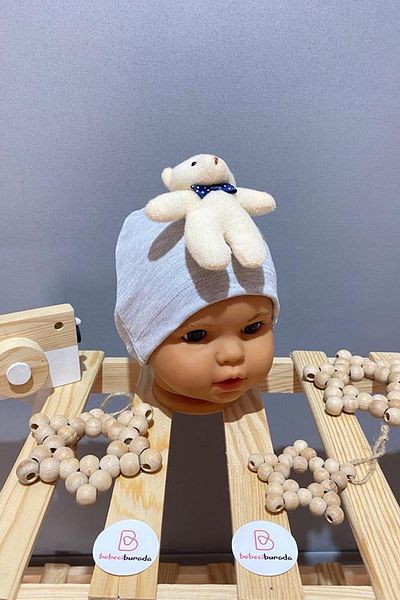 BEBECİBURADA Baby Boy Combed Cotton Beanie with Teddy Bear 0-12 Months
