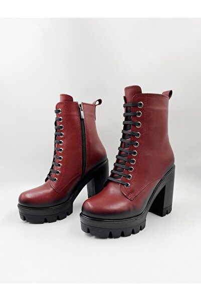 Impero Kadın Bordo Deri Görünümlü Yüksek Kalın Topuklu Bot