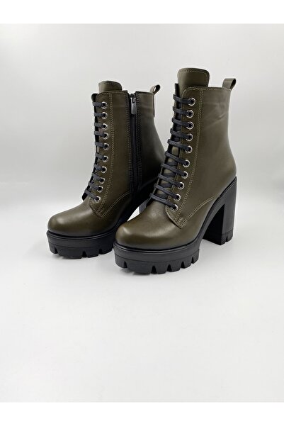 Impero Kadın Haki Hakiki Deri Yüksek Kalın Topuklu Bot