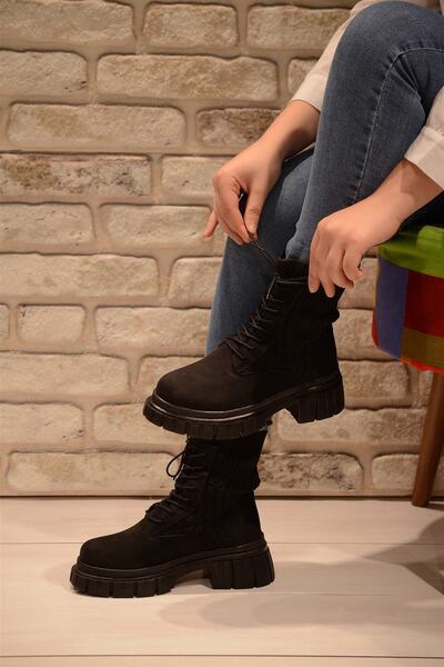 Isy Kadın Siyah Süet Boğazı Triko Fermuarlı Kalın Taban Bot