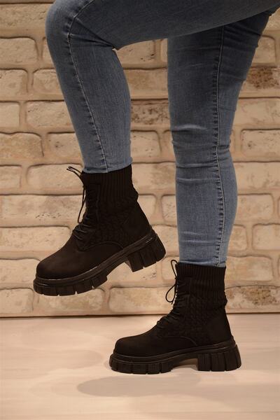 Isy Kadın Siyah Süet Boğazı Triko Fermuarlı Kalın Taban Bot