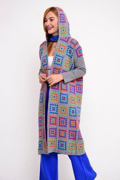 AYASOFYA OTANTIK Women's Gray Hooded Kilim Motif Knitwear Ethnic Authentic Cardigan