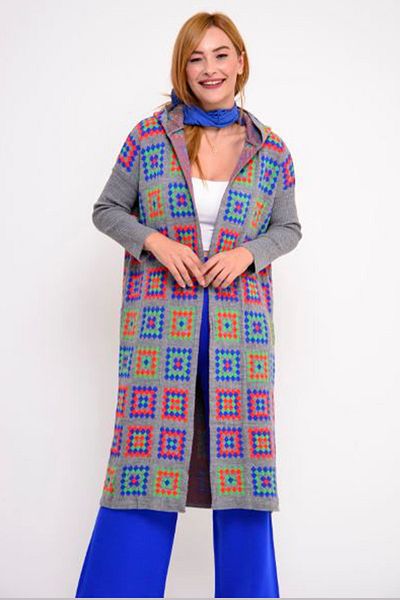 AYASOFYA OTANTIK Women's Gray Hooded Kilim Motif Knitwear Ethnic Authentic Cardigan