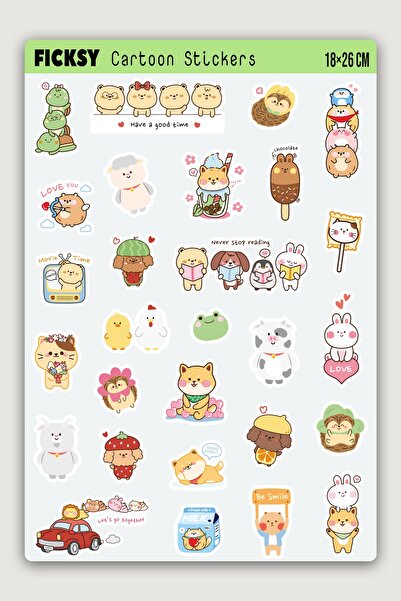 Ficksy Kawaii Stili Sevimli Hayvanlar Sticker Seti - 28 Adet Etiket Çıkartma