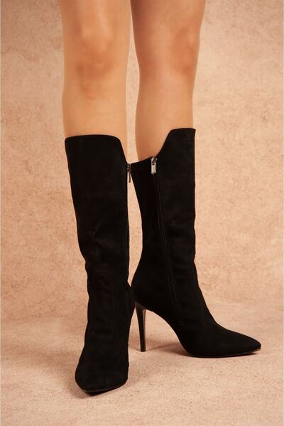 Tarz Topuklar Cizme cu toc subțire din piele intoarsa neagra