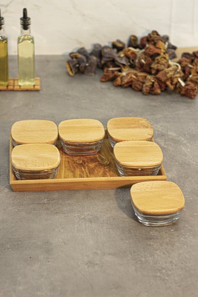 Generic Brand Dizayn Tulipa 6-Piece Glass Breakfast Set with Wooden Lid and Tray Presented Breakfast Set