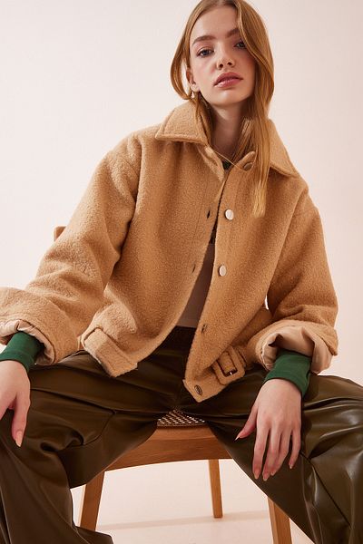 Happiness İstanbul Women's Biscuit Wool Blended Boucle Coat TO00038
