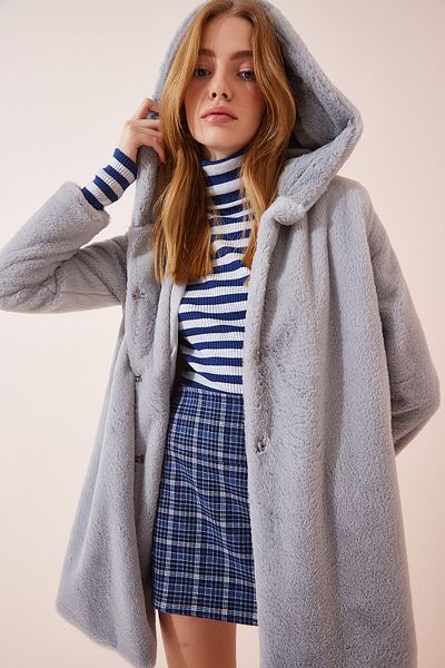 Happiness İstanbul Women's Gray Hooded Faux Fur Coat RV00082