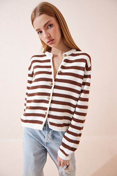 Happiness İstanbul Gepolsterte Strickjacke mit Streifenmuster in Ecru-Braun für Damen US00859