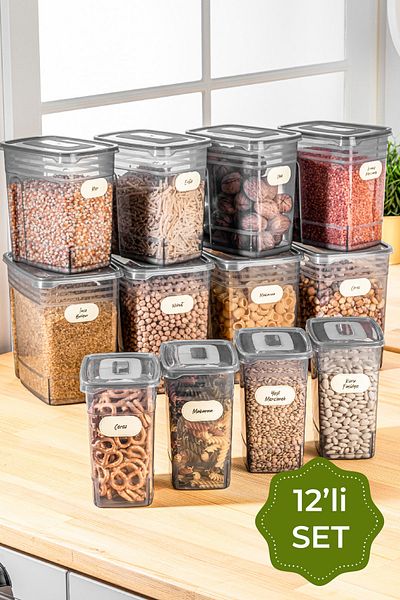 Vienev Set of 12 with Label Strip Mega Size Food Storage Container 4x(1.25 Liter, 2 Liter, 3.5 Liter) Anthracite