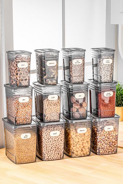 Vienev Set of 12 with Label Strip Mega Size Food Storage Container 4x(1.25 Liter, 2 Liter, 3.5 Liter) Anthracite
