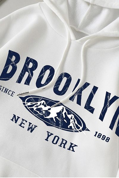 MODAGEN Unisex Brooklyn New York 98 Printed Hooded White Oversize Sweatshirt