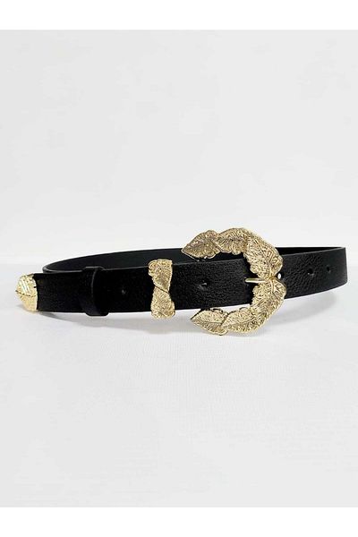 Kemerix Women's Black Belt with Gold Suit Buckle