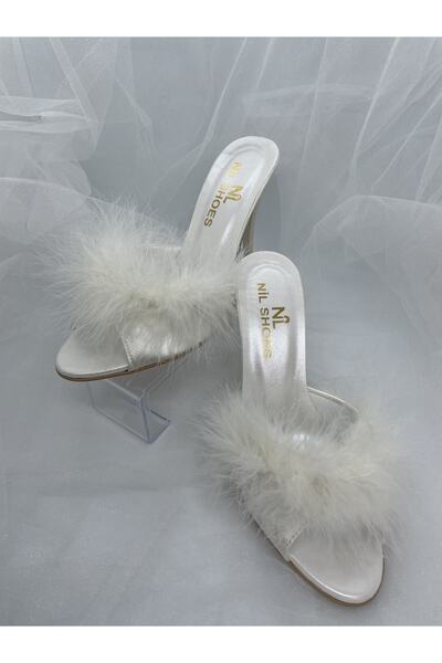 NİL Високі сатинові весільні туфлі на підборах - з хутром