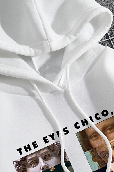 MODAGEN Hanorac alb oversize cu glugă cu imprimeu The Eyes unisex