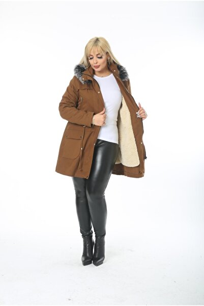 By Alba Collection Women's Short Gabardine Curly Inside Large Size Coat Tan