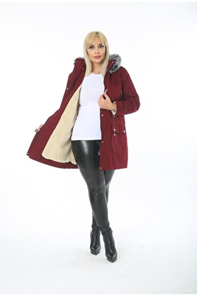 By Alba Collection Women's Short Gabardine Curly Inside Plus Size Coat Claret Red