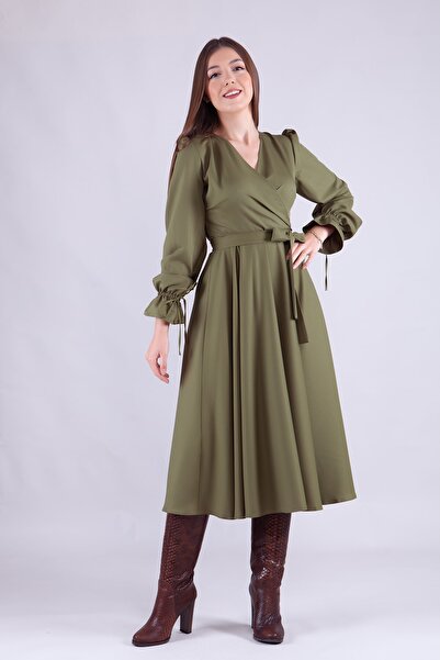 Bidoluelbise Women's Midi Length Double Breasted Collar Long Sleeve Dress