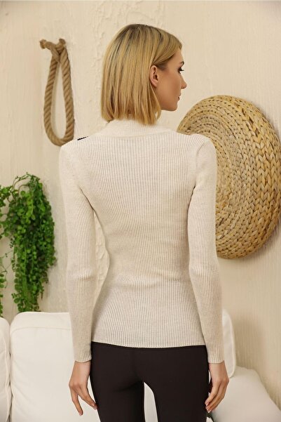 VEGENZE Pulover de damă, tricotat cu guler rotic cu șnur cu dungi bej