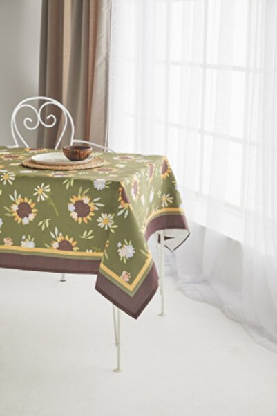 AYSHOME Ays Home Green Sunflower Pattern Fabric Dining Table Cloth and Yellow Runner.