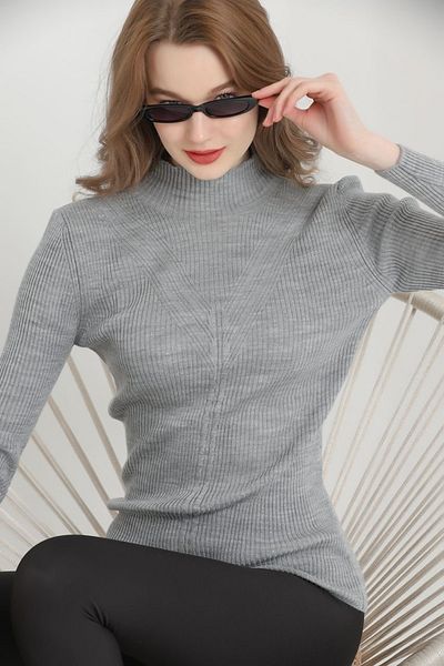 VEGENZE Pulover de damă gri cu guler rotit, cu șnur, tricotat cu model