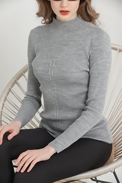 VEGENZE Women's Gray Turtleneck Corded Hair Knitted Patterned Knitwear Sweater