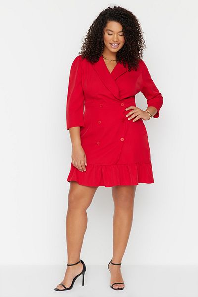 Trendyol Curve Plus Size Red Three Quarter Sleeve Mini Jacket Dress - TBBAW23AH00042