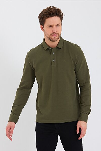 ENQUE Erkek Polo Yaka Oversize Uzun Kollu Basic Haki Tişört