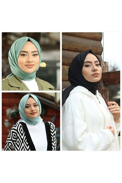Narine Hijab Γυναικείο Βαμβακερό Kraş Cazz Shawl Μοντέλο Σετ 3 τεμαχίων _μαύρο-μέντα Πράσινο-Νερό Πράσινο