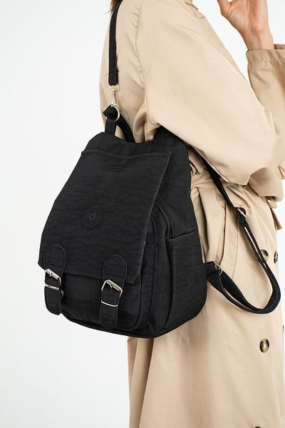 ESTUTE Black Waterproof Crinkle Fabric Women's Shoulder and Backpack