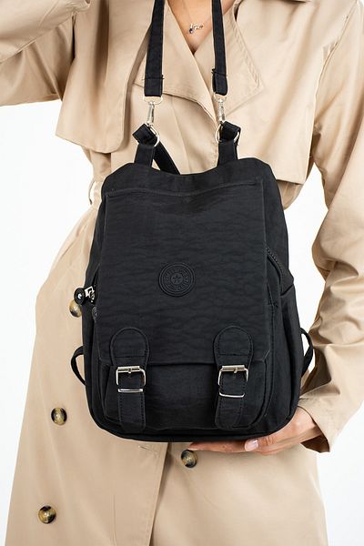 ESTUTE Black Waterproof Crinkle Fabric Women's Shoulder and Backpack