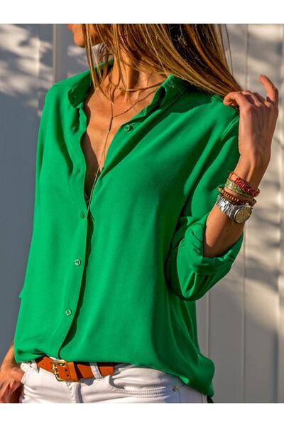 POLO BONETTA Дамска зелена стандартна блуза от тъкана риза от вискоза