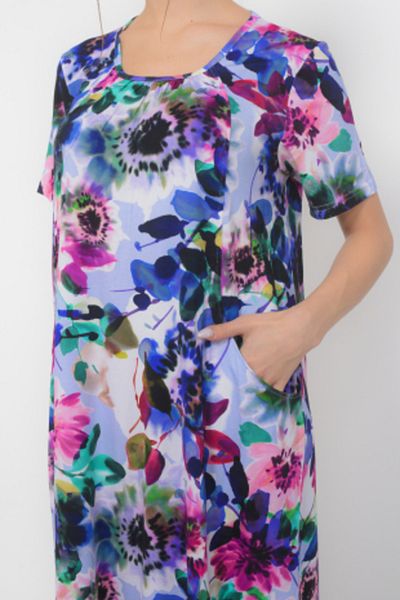 TUSSE Women's Purple Floral Patterned Pocketed Flowy Large Size Digital Patterned Viscose Short Sleeve Dress