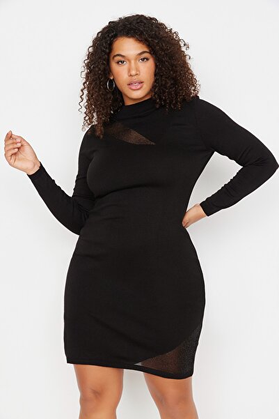Trendyol Curve Czarna, przezroczysta, szczegółowa obcisła sukienka z dzianiny z wysokim kołnierzem TBBAW23AH00180