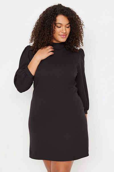 Trendyol Curve Plus Size Black Long Sleeve Mini Dress - A-Cut, Unlined - TBBAW23AH00035
